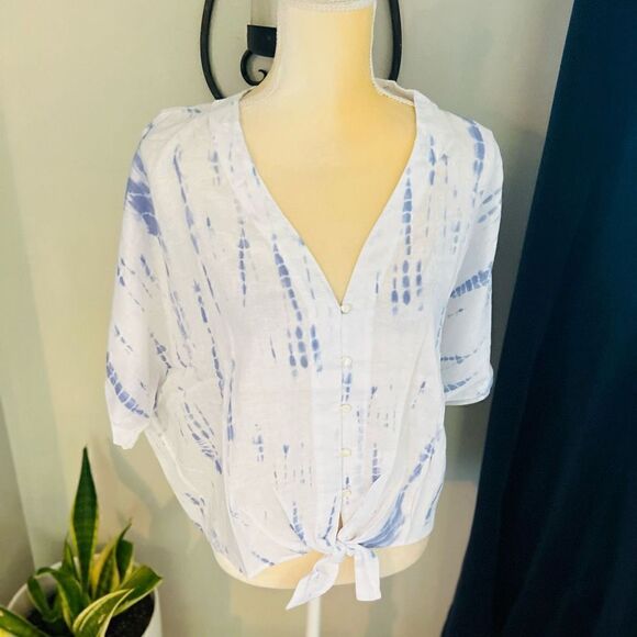 RAILS Thea Tie Waist Linen Blouse Top, Tie-dyed, Blue/White, Small, NWT - Picture 13 of 17